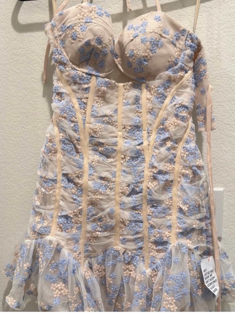 Blush Nude & Light Blue Embroidered Tulle Mini Dress